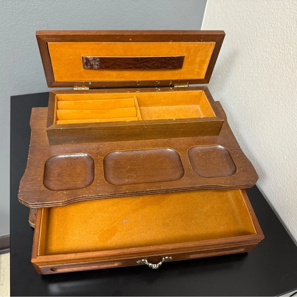 VTG Wood Dresser Valet Box w Drawer Jewelry Change Tie Clips Keys Rings Necklace